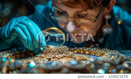 Jewelry Expert Meticulously Examines Intricate Golden Necklace With Magnifying Glass Jewelry Expert Meticulously Examines Intricate Golden Necklace With Magnifying Glass 120021870