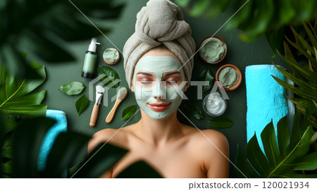 Relaxing Spa Day With a Green Clay Mask and Natural Beauty Products at Home 120021934