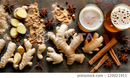 Ginger Root, Spices, and Craft Beer Arranged on a Rustic Surface for a Culinary Exploration 120021951