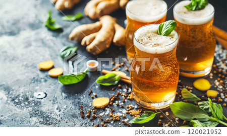 Refreshing Ginger and Basil Drinks Served in Glasses on a Rustic Table With Ingredients 120021952