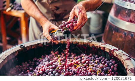Harvesting Grapes for Wine Production in a Rustic Vineyard During the Autumn Season Harvesting Grapes for Wine Production in a Rustic Vineyard During the Autumn Season 120021971