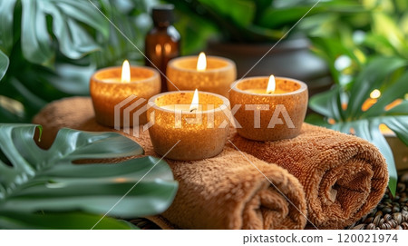 Relaxing Spa Setup With Candles and Towels Surrounded by Lush Greenery at a Wellness Center Relaxing Spa Setup With Candles and Towels Surrounded by Lush Greenery at a Wellness Center 120021974