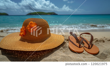 A Relaxing Day at the Beach With a Book and a Sun Hat Enjoying the Ocean Waves 120021975