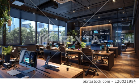 Modern Office Interior With Hardwood Accents and Natural Lighting in Urban Workspace 120021984