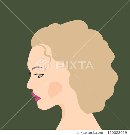 Portrait of a fashion woman. The head in profile of a European brunette woman. Face of girl. Flat design for for landing page, banner, social Media Avatar. Color vector illustration 120022039
