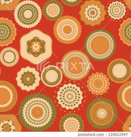 Seamless pattern with geometric aboriginal ornament. Ethnic tribal rounded color background. Afican, australian motiph. Dots painting. Vector illustration, template design for cloth, card, fabric 120022047
