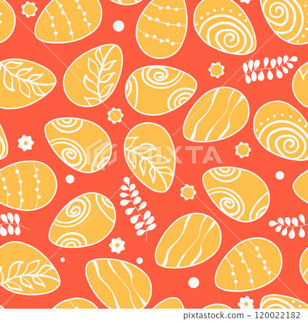 Happy Easter seamless pattern with eggs on color background. Polka dots design for card, postcard, wallpaper, posters. Vector stock illustration. Cartoon style 120022182