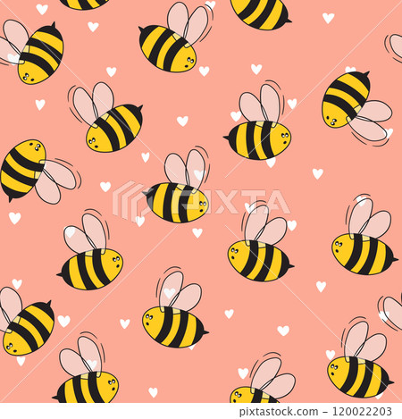 Seamless pattern with bees on color background. Small wasp. Vector illustration. Adorable cartoon character. Template design for invitation, cards, textile, fabric. Doodle style Seamless pattern with bees on color background. Small wasp. Vector illustration. Adorable cartoon character. Template design for invitation, cards, textile, fabric. Doodle style 120022203