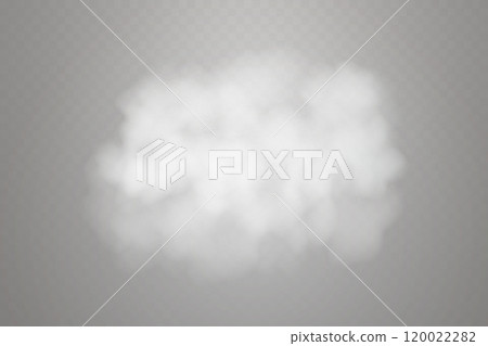 Smoke effect background. Realistic decorative fog in the air, vapor, creeping smoke puff. Layout of cloudy smog. Transparency vector illustration 120022282