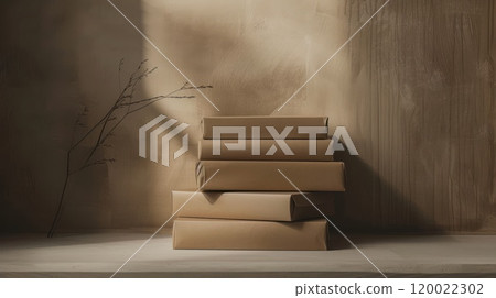 Stack of five brown gift boxes in front of a wood background with a sprig of dried flowers and sunlight coming through the window. Stack of five brown gift boxes in front of a wood background with a sprig of dried flowers and sunlight coming through the window. 120022302