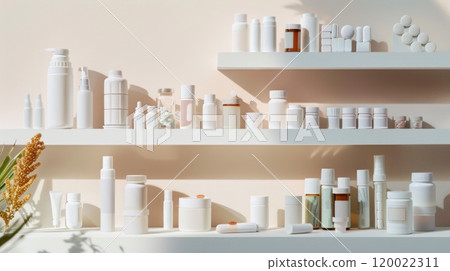 White bottles and jars of skincare products, medicine, and toiletries on white shelves against a light beige wall. White bottles and jars of skincare products, medicine, and toiletries on white shelves against a light beige wall. 120022311