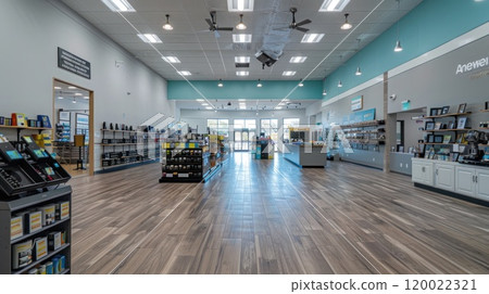 A spacious and well-lit retail store interior with wood flooring, shelves stocked with merchandise, and a checkout counter in the background. 120022321