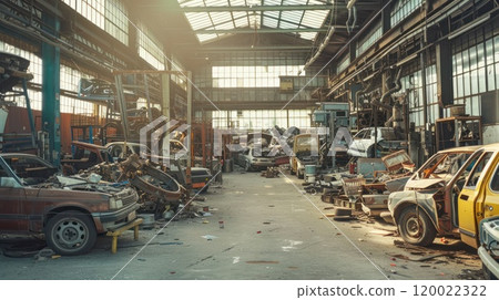 A large, dusty warehouse with several wrecked cars and automotive parts scattered throughout. A large, dusty warehouse with several wrecked cars and automotive parts scattered throughout. 120022322