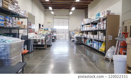 A well-organized warehouse with shelves stocked with various supplies, including boxes, containers, and equipment. The space is clean and well-lit, with a large garage door in the back. A well-organized warehouse with shelves stocked with various supplies, including boxes, containers, and equipment. The space is clean and well-lit, with a large garage door in the back. 120022331