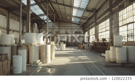 An industrial warehouse with large windows and stacks of white barrels. 120022335