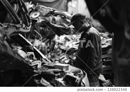 A man in a junkyard looking at the pile of scrap cars. 120022348