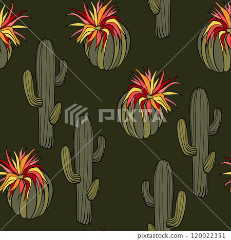 Seamless pattern with cacti, blooming succulent on color background. Vector hand drawn illustration for packaging, fabric, textile. Wild west cactus, western concept Seamless pattern with cacti, blooming succulent on color background. Vector hand drawn illustration for packaging, fabric, textile. Wild west cactus, western concept 120022351