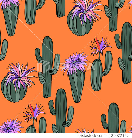 Seamless pattern with cacti, blooming succulent on color background. Vector hand drawn illustration for packaging, fabric, textile. Wild west cactus, western concept 120022352