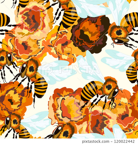 Seamless pattern with bees and flowers on color background. Small wasp. Vector illustration. Adorable cartoon character. Template design for invitation, cards, textile, fabric. Doodle style 120022442