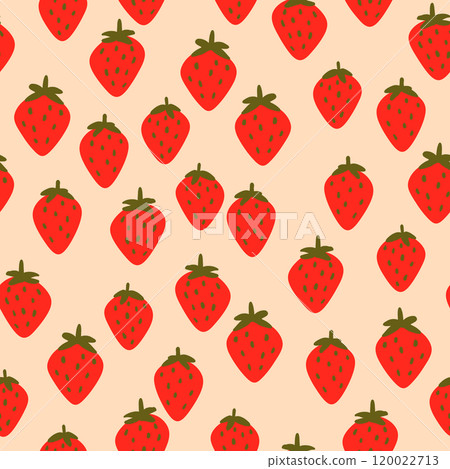 Seamless pattern with strawberry on color background. Natural delicious fresh ripe tasty fruit. Vector illustration for print, fabric, textile, banner, other design. Food concept. Seamless pattern with strawberry on color background. Natural delicious fresh ripe tasty fruit. Vector illustration for print, fabric, textile, banner, other design. Food concept. 120022713