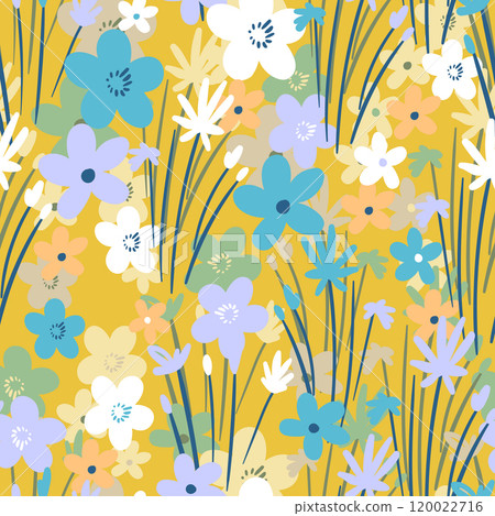 Seamless floral pattern based on traditional folk art ornaments. Colorful flowers on color background. Scandinavian style. Sweden nordic style. Vector illustration. Simple minimalistic pattern 120022716