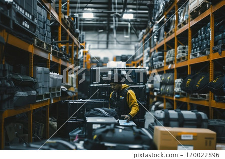 A worker in a warehouse checks inventory in a cluttered aisle. 120022896