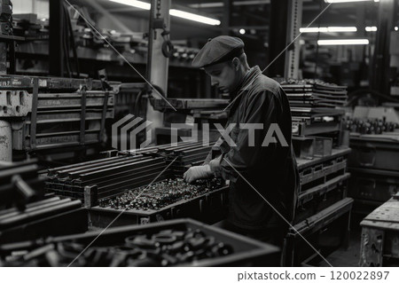 A worker in a factory is meticulously inspecting and organizing small metal parts in a bin. A worker in a factory is meticulously inspecting and organizing small metal parts in a bin. 120022897