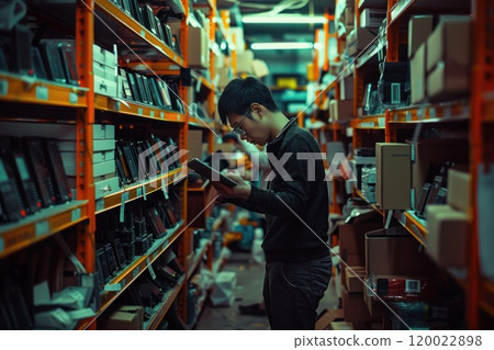 A man in a warehouse checks inventory on a tablet, with rows of shelves filled with boxes. A man in a warehouse checks inventory on a tablet, with rows of shelves filled with boxes. 120022898
