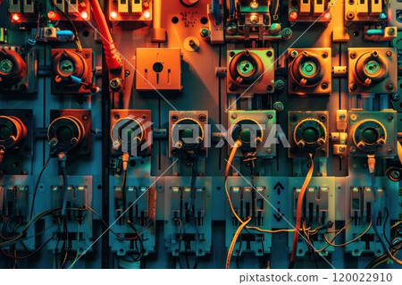 Close-up of a control panel with various switches, buttons, and wires. Close-up of a control panel with various switches, buttons, and wires. 120022910