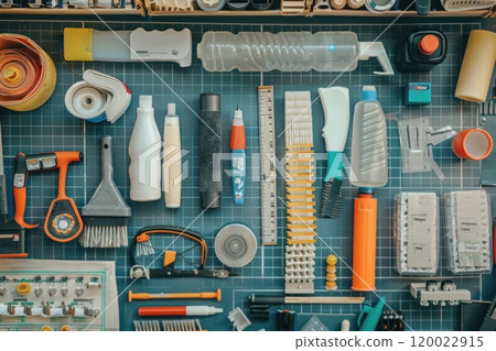 A flat lay of various cleaning supplies and tools, arranged in a grid pattern on a blue surface. A flat lay of various cleaning supplies and tools, arranged in a grid pattern on a blue surface. 120022915