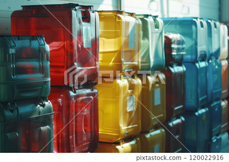 A wall of colorful plastic jerrycans stacked neatly, showcasing various sizes and hues. A wall of colorful plastic jerrycans stacked neatly, showcasing various sizes and hues. 120022916