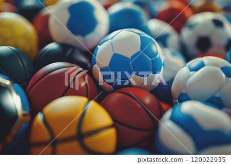 A close-up view of a variety of sports balls, including basketballs, footballs, and soccer balls, with a focus on a blue soccer ball in the center. 120022935