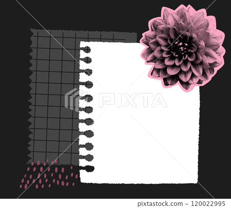 Torn memo blank page, halftone dritty pink chrysanth flower cutout. Ripped notes, retro collage Torn memo blank page, halftone dritty pink chrysanth flower cutout. Ripped notes, retro collage 120022995