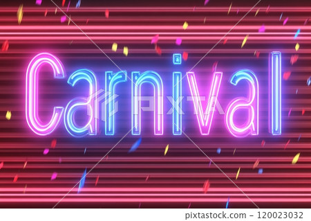 Vibrant neon carnival sign with colorful confetti and striped background. Mardi Gras 120023032
