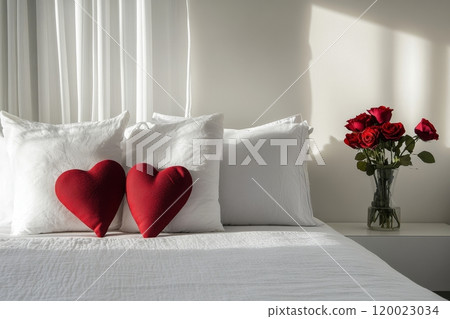 Cozy bedroom with heart-shaped pillows and red roses on sunlit bedside table. Valentine's Day. 120023034