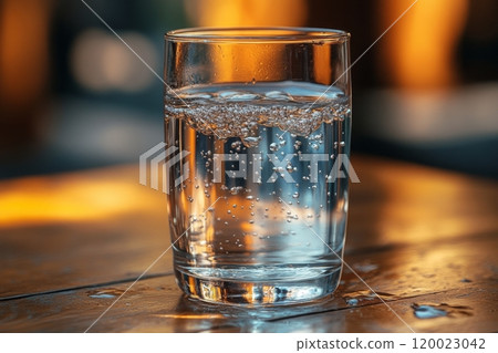 Refreshing glass of sparkling water with bubbles on wooden table in warm light. World Water Day Refreshing glass of sparkling water with bubbles on wooden table in warm light. World Water Day 120023042