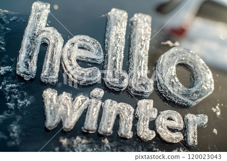 Frozen greetings: hello winter in ice on a chilly day Frozen greetings: hello winter in ice on a chilly day 120023043