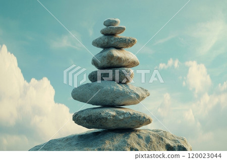 Balanced stone cairn against blue sky and clouds serenity and harmony in nature 120023044