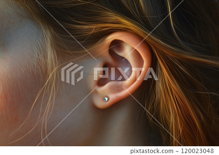 Close-up of a woman's ear with earring. International Day for Ear and Hearing.Hearing problems and diseases. Educational content about physiology human ear 120023048