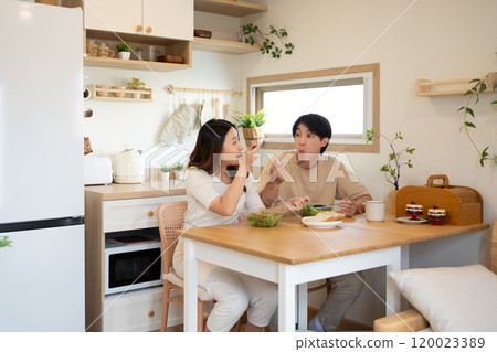 Happy asian couple enjoying enjoying a nutritious meal in their home kitchen 120023389
