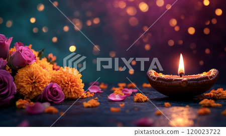 Burning Diwali oil lamp Diya, on a purple festive background with orange marigolds and pink roses around, with the soft golden blur bokeh 120023722