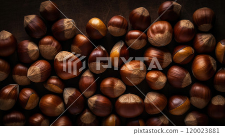 Top view on heap of chestnuts. Pile of ripe chestnuts for food background. Generative AI Top view on heap of chestnuts. Pile of ripe chestnuts for food background. Generative AI 120023881