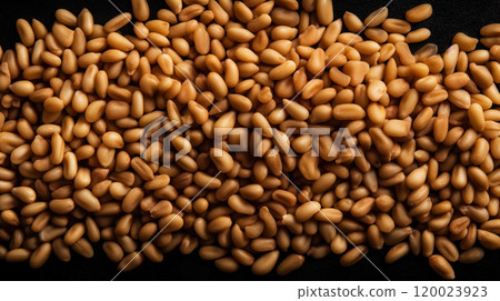 Pile of pine nuts background. Food backdrop. Generative AI 120023923