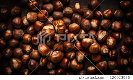 Large group og Hazelnuts. Food background. Generative AI 120023926