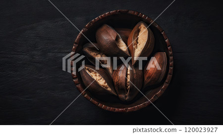 Many delicious Brazil nuts in a bowl on dark background, top view. Generative AI 120023927