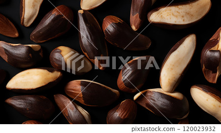 Many delicious Brazil nuts as background, top view. Generative AI 120023932