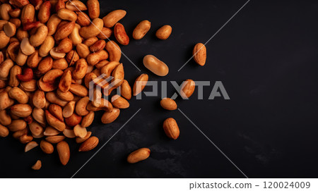 Many roasted peanuts on dark background. Food Backdrop. Generative AI 120024009