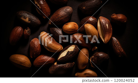 Many delicious Brazil nuts as background, top view. Generative AI 120024052