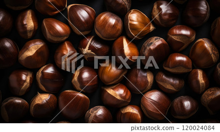 Top view on heap of chestnuts. Pile of ripe chestnuts for food background. Generative AI 120024084