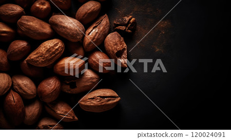 Dried Kola Nuts on dark background. Food backdrop. Generative AI 120024091